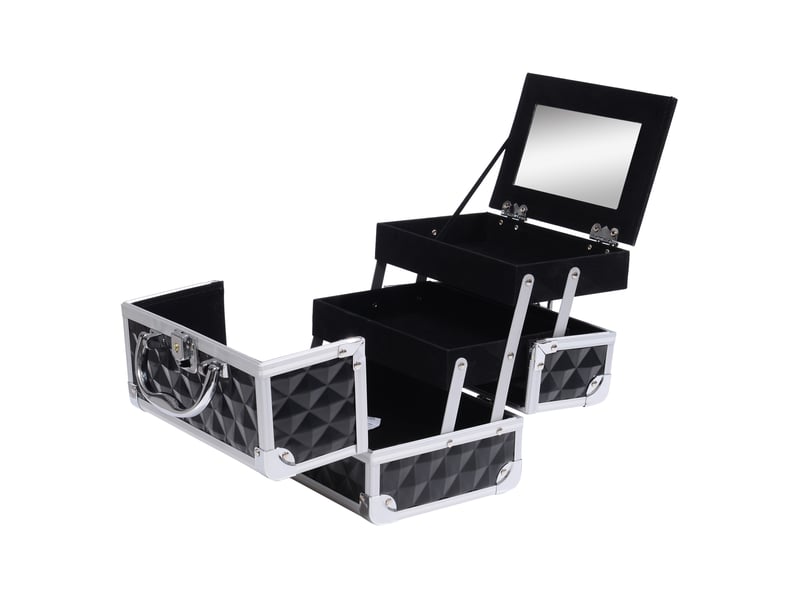  Mallette à maquillage rangement à 3 niveaux avec miroir verrouillage avec 2 clés dim. 20l x 15l x 15h cm noir  - Conforama B