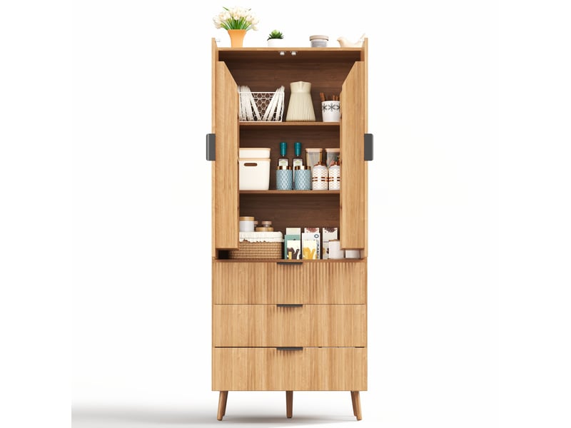  Buffet haut à 2 portes et 3 tiroirs avec étagères réglables -  rangement modulable mdf naturel 75 × 35 × 180 cm  - Conforama A