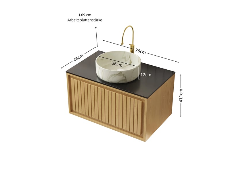  Meuble sous vasque suspendu avec grand tiroir amorti, plan en pierre frittée et vasque en céramique, salle de bain  - Conforama E