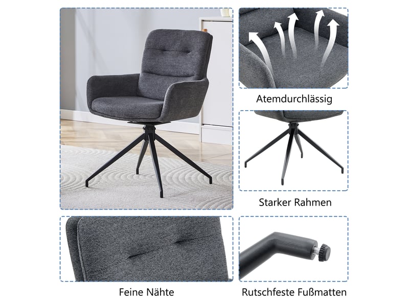  Lot de 2 chaises de salle à manger pivotantes,55x50x85 cm,tissu,gris foncé  - Conforama E