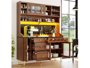 Buffet haut ulevr avec led, 145 x 39 x 171 cm, étagères réglables, tiroir, range-bouteilles, finition couleur noyer