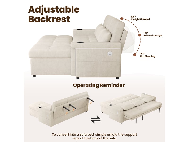 Canapé d'angle convertible l 209x141x90 cm - led ports usb dossier réglable porte-gobelet - beige BUYDEEMEUS - Conforama E