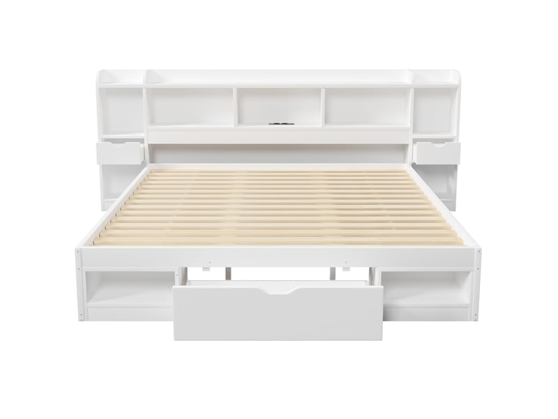  Lit plateforme 180 x 200 cm blanc en mdf et contreplaqué, rangement avec 3 tiroirs, led et port usb  - Conforama D