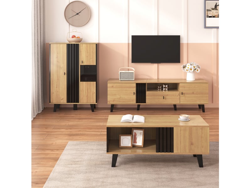  Ensemble de salon 3 pièces décor bois et noir, meuble tv 170 cm, table basse et buffet led de rangement  - Conforama E