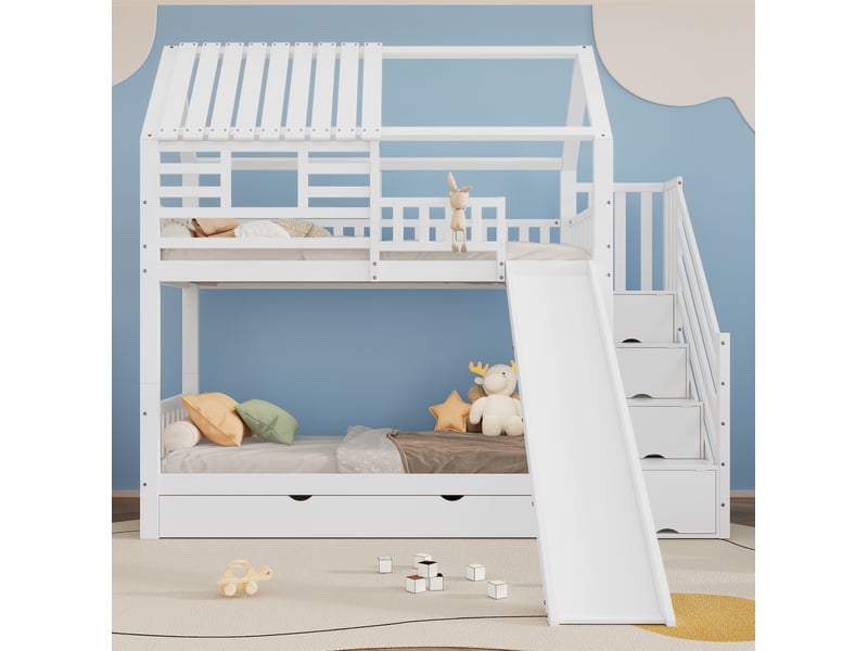  Modenvie lit superposé cabane 90x200 cm - avec escalier de rangement et toboggan, sans matelas - blanc  - Conforama D