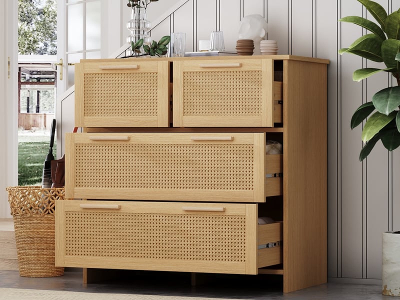  Commode à 4 tiroirs en rotin, finition premium, poignées en bois massif, convient à la chambre, l80 x h80 x p38 cm, couleur naturel  - Conforama B