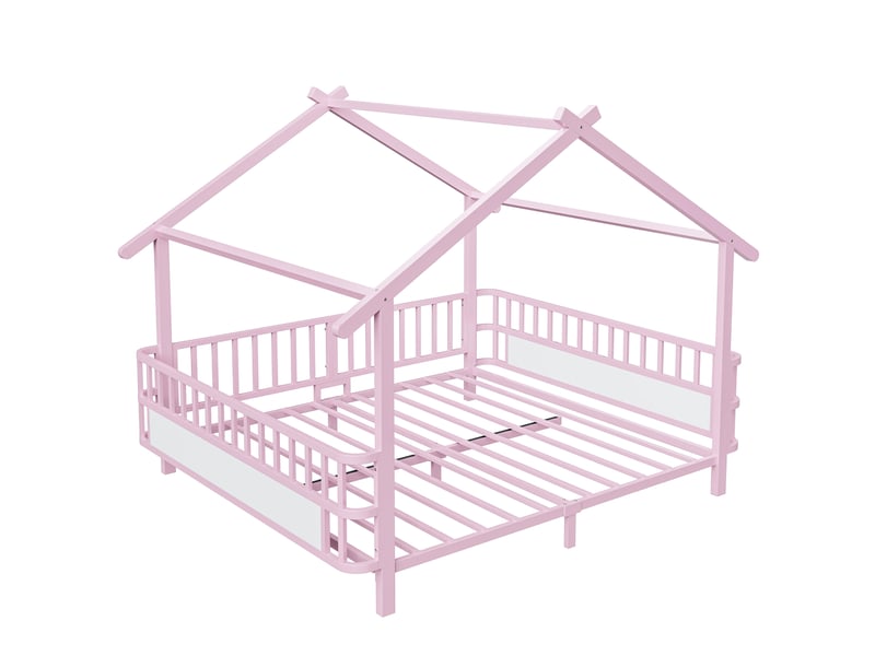 Lit cabane enfant 140x200 cm - barrières de sécurité - structure en métal - design maison - lit 2 places - rose - Conforama W