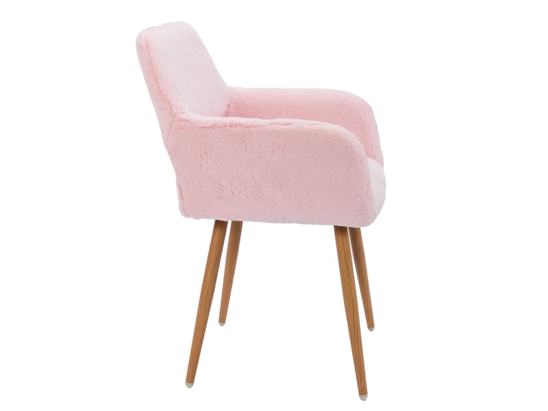  Chaise salle à manger avec accoudoirs et dossier ajouré  - pieds bois, fausse fourrure rose, 59 × 46 × 79 cm  - Conforama E
