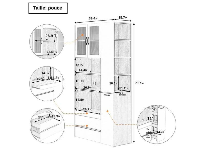  Servers, sideboards &amp; buffets - planche haute avec étagères et tiroirs réglables, buffet avec étagères coulissantes et ver - mdf - blanc - 100 x 40 x 200 cm - usage domestique - installation simple DE000045AAD - Conforama A