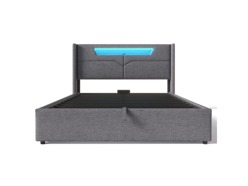  Lit coffre,160x200 cm,avec led et ports usb type-c,lin,gris  - Conforama D