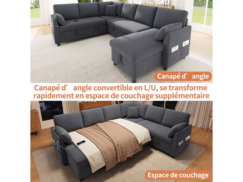Canapé d'angle en l ou en u – 6 places – avec coffre de rangement – avec ports usbtype-c – avec 3 coussins – gris - Conforama E