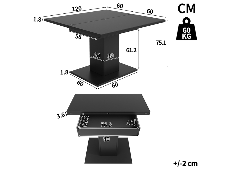  Table à manger extensible 60-120x120x75.1cm avec rangement, plateau rabattable et piètement carré, pour cuisine et salle à manger,noir evarich - Conforama C