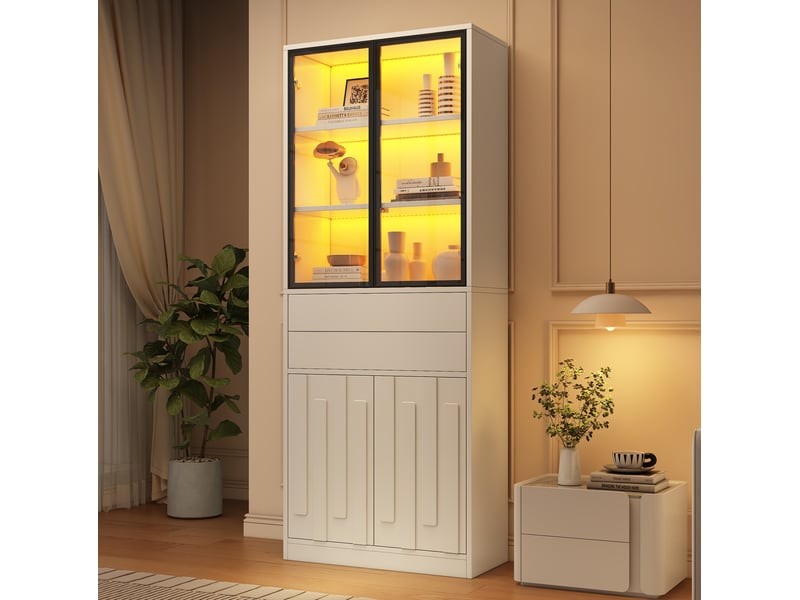  Vitrine led blanche mate 70 x 34 x 180 cm, 4 portes en verre trempé et 2 tiroirs pour exposer vos objets  - Conforama E