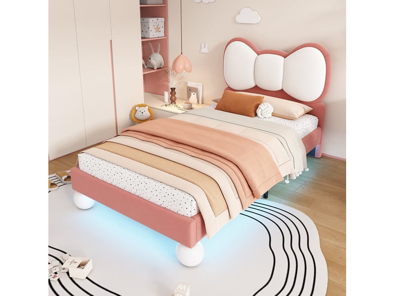  Lit enfant une place beige et rose 90 x 200 cm avec tête de lit nœud et led  - Conforama C