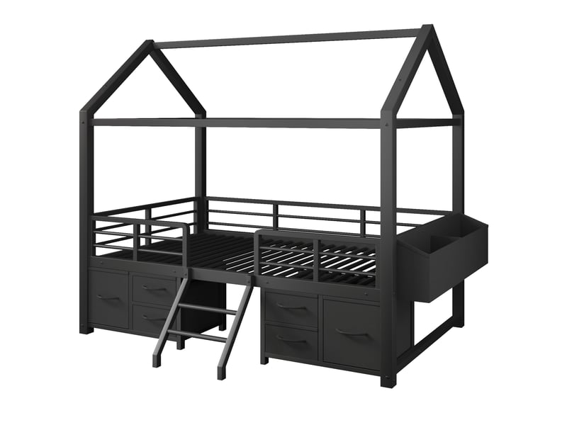  Lit mezzanine enfant 90x200 cm avec tiroirs en tissu et led, métal noir, sans matelas  - Conforama R