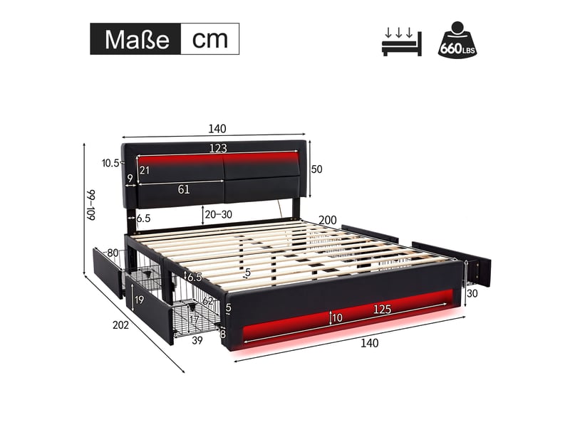  Lit adulte 140x200cm, lit double, 4 tiroirs latéraux, led, charge, tête de lit, pu, noir, sans matelas  - Conforama C