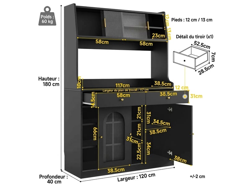  Armoire de cuisine noire buffet avec éclairage led 120cm  - Conforama E