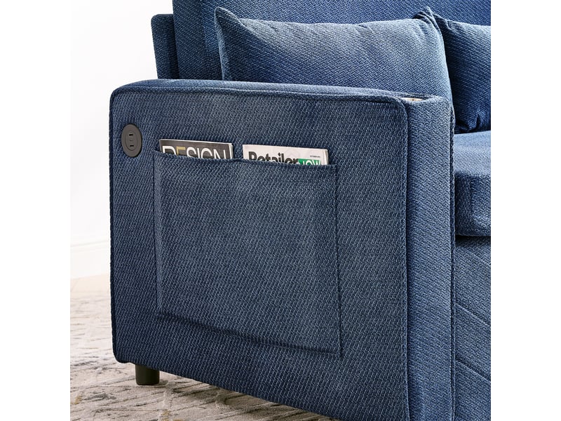  Canapé convertible 2 places bleu marine en tissu et bois, design minimaliste élégant avec chargeur usb intégré  - Conforama E