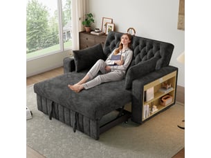 Canapé lit convertible 2 places en chenille avec dossier réglable, porte-gobelet, usb, étagère latérale, 2 coussins - gris