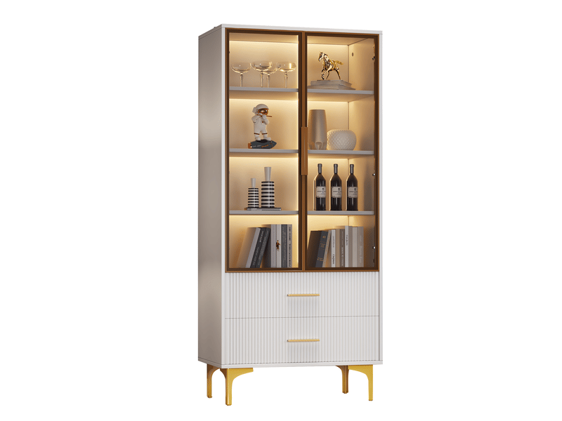  Vitrine avec 2 portes vitrées, 2 tiroirs, 3 étagères dont 2 réglables et led pour salon, blanche, 70 × 35 × 150 cm  - Conforama A
