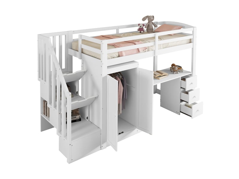  Lit mezzanine 90x200 cm blanc avec bureau, armoire et rangements  - Conforama A