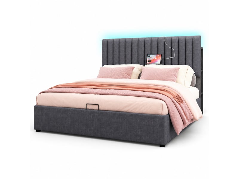  Lit coffre double gris 160 x 200 cm avec matelas, led et ports usbtype-c  - Conforama A