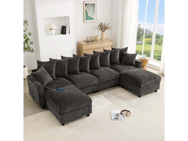  Canapé d'angle, canapé modulable, 6 places, en chenille, gris, repose-pieds, pour salon et séjour, usb  - Conforama R