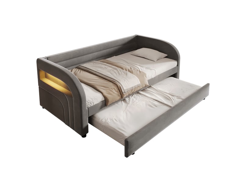  Lit rembourré 90x200 cm, coloris gris, lit gigogne et bandeau led intégré.  - Conforama A