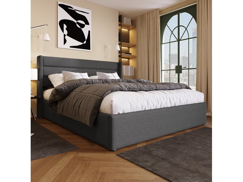 Lit coffre 160 × 200 cm 2 places avec rangement hydraulique, matelas inclus, en tissu beige - Conforama C