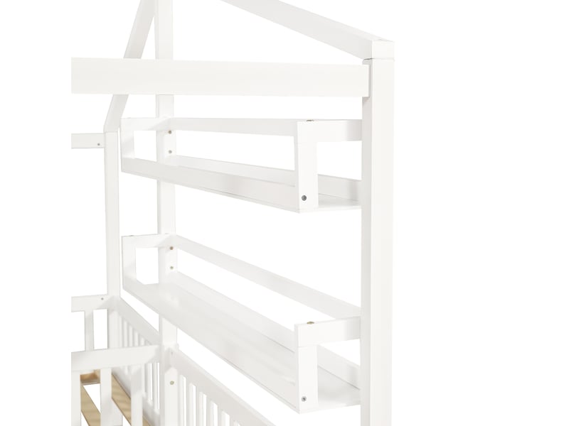  Lit cabane enfant 90x200 cm en bois massif blanc avec tiroir et étagères  - Conforama R