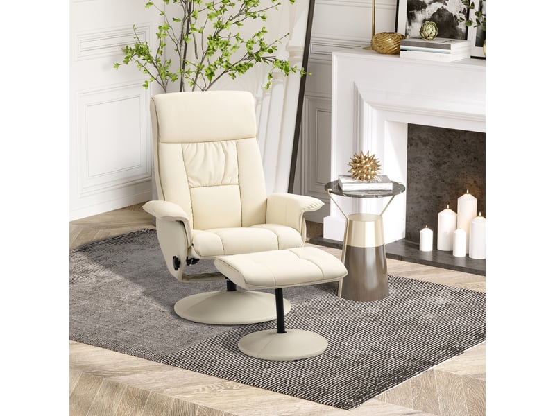 Fauteuil relax inclinable jusqu'à 135° avec assise pivotante et pouf repose-pieds, 78 x 84 x 110 cm, crème - Conforama C