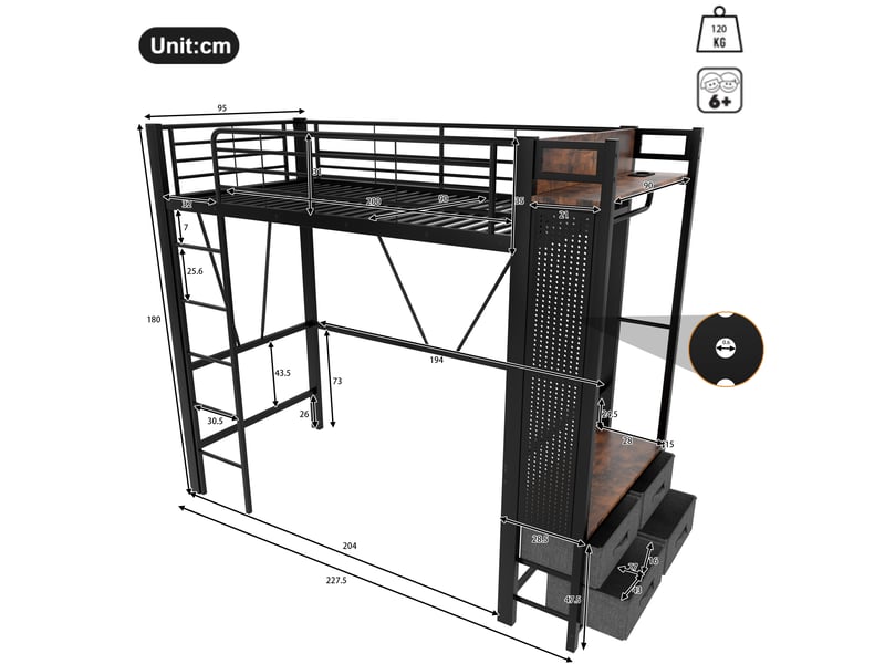  Lit mezzanine 90x200cm coloris noir led métal lit enfant noir - Conforama C