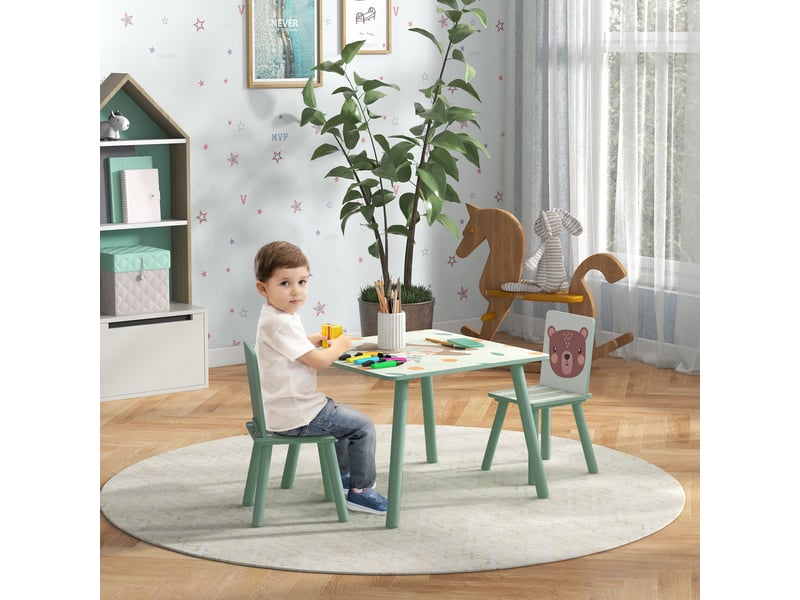 Ensemble de salon pour enfants de 3 à 8 ans, comprenant une table et deux chaises, avec un joli motif d'animaux, de couleur verte. - Conforama B