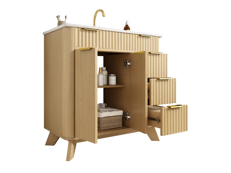  Meuble sous-vasque 81x47x90 cm, 3 tiroirs, 2 portes, décor bois naturel  - Conforama A