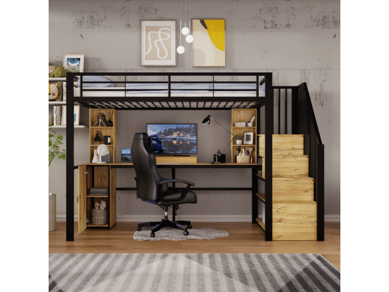  Lit mezzanine métal noir 90x200 cm, bureau intégré, rangements, placard, escalier de rangement et usb, sans matelas  - Conforama B
