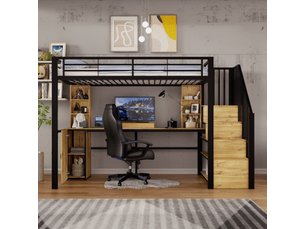 Lit mezzanine métal noir 90x200 cm, bureau intégré, rangements, placard, escalier de rangement et usb, sans matelas