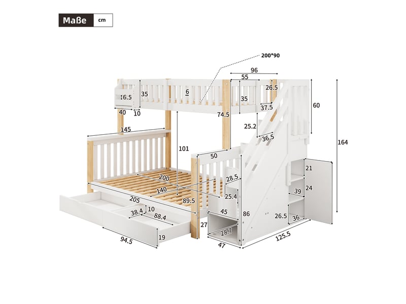 Lit enfant 140x200 cm, lit enfant multifonctionnel avec panier de rangement, tiroir, armoire escalier, armoire de rangement, sans matelas, blanc et naturel - Conforama C