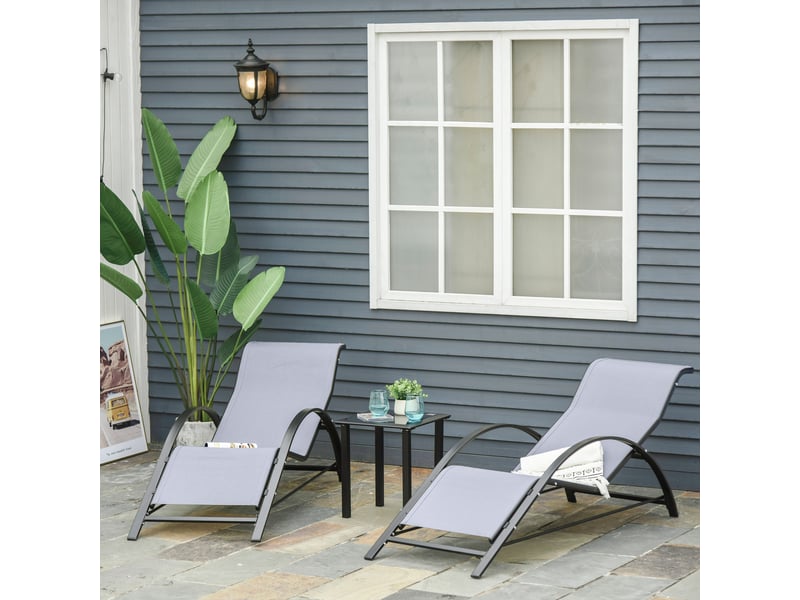  Ensemble de 2 chaises longues et table basse avec plateau en verre, 59 x 169 x 66 cm, gris clair  - Conforama C