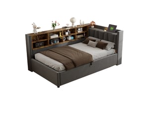 Litcanapé-lit capitonné 90 x 200 cm, avec rangement hydraulique, veilleuse, ports de chargement usb et type-c, étagères et compartiments de rangement, tête de lit capitonnée, lit multifonctionnel en velours gris foncé