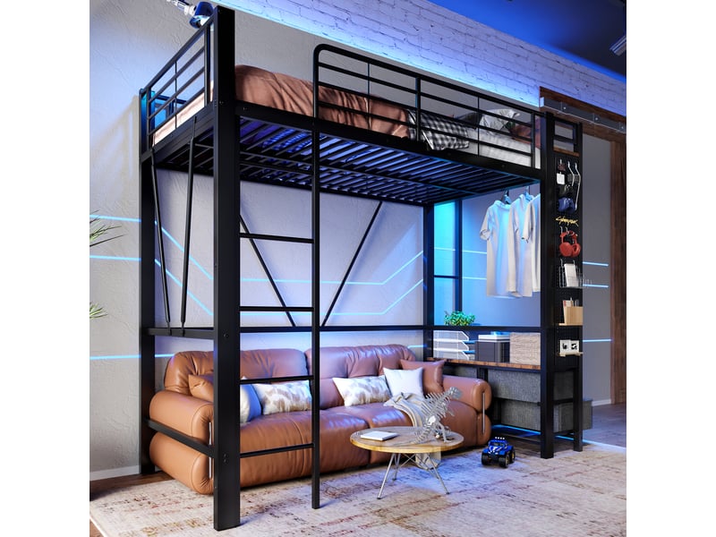  Lit mezzanine 90x200cm coloris noir led métal lit enfant noir - Conforama E