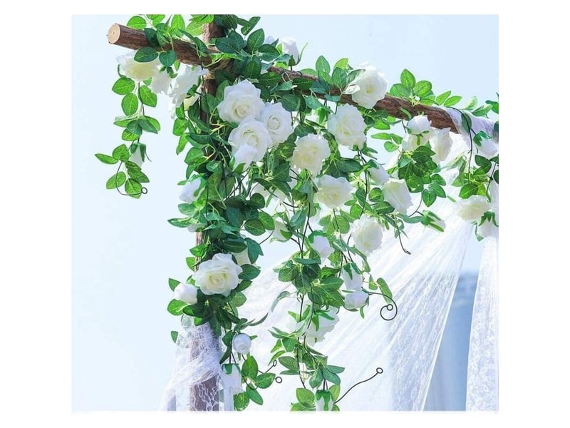 guirlande fleur artificis rose vigne decoration mariage, 4 pcs soie fleur décoration fausse plante suspendues florale pour fête jardin maison arc cérémonie mur exterieur(blanc) - Conforama E