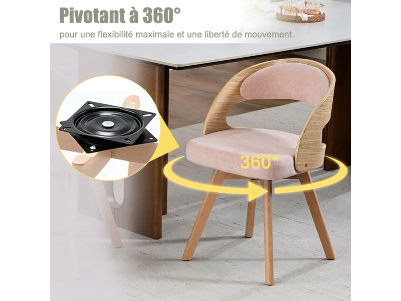  Lot de 2 chaises de salle à manger en lin rose, chaises de cuisine modernes avec assise pivotante et pieds en bois massif  - Conforama W