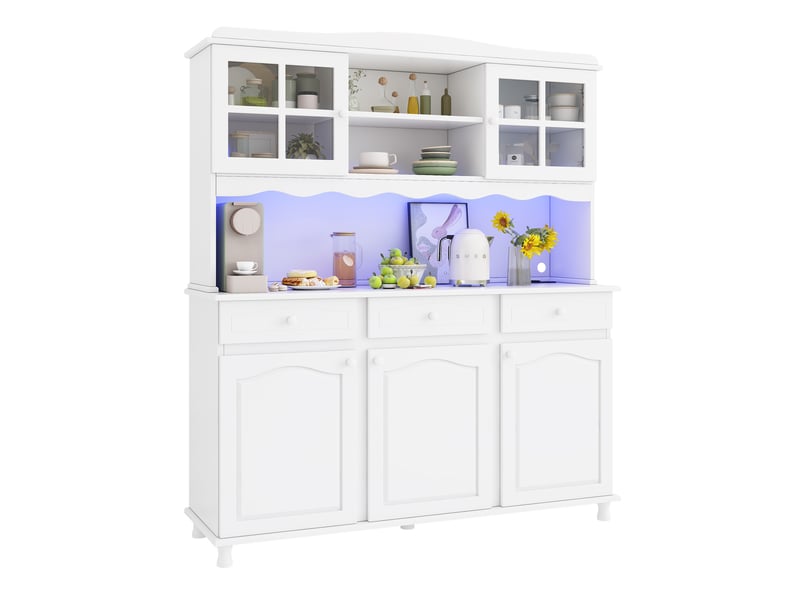  Buffet de cuisine avec led et 5 portes 3 tiroirs, prises et usb, meubles de rangement 135x40x185 cm blanc  - Conforama A