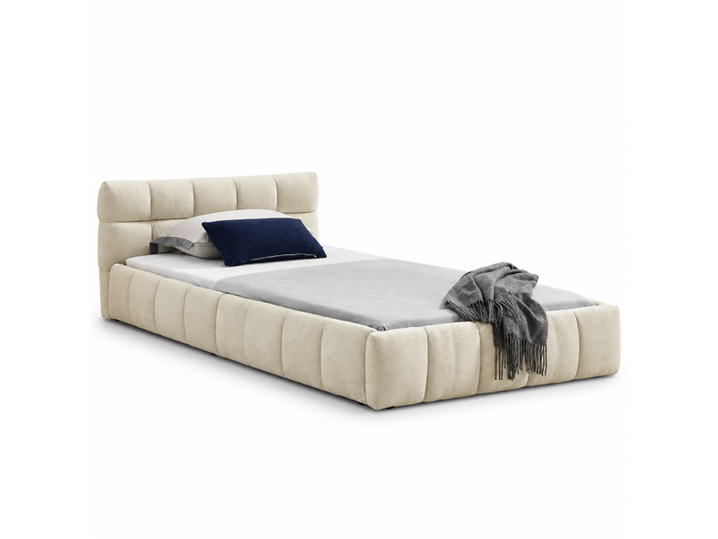  Lit une place enfant 90 x 200 cm, motif matelassé carré, structure en bois d’eucalyptus et fer, montage facile, chenille, beige Bliss Lite - Conforama A