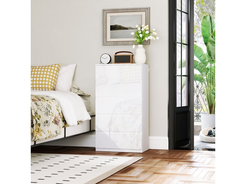  Commode moderne en bois à 5 tiroirs, anti-basculement, 55 x 33 x 100 cm, blanc brillant  - Conforama D