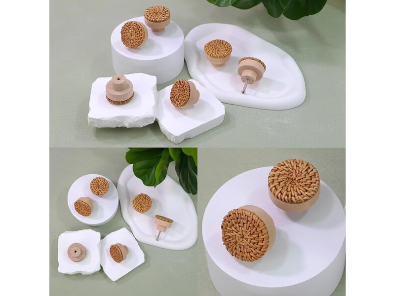  Jeu de 12 poignées en rotin et bois, poignées décoratives de style bohème pour commodes, cuisine et tiroirs  - Conforama C