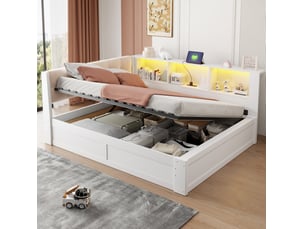 Lit coffre 140x200 cm avec tête de lit en l, sommier à lattes, led, port usb, bois blanc, sans matelas