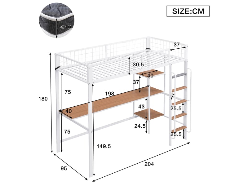  Lit mezzanine 90 x 200 cm, lit enfant surélevé, bureau intégré, étagères ouvertes, échelle, barrières de sécurité, métal, blanc Morn Vibe - Conforama C
