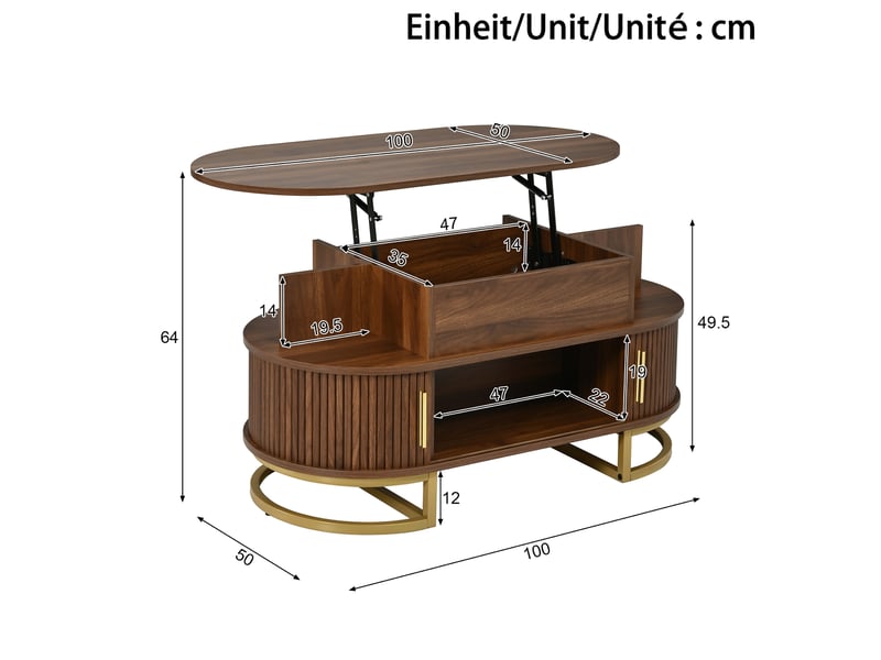Table basse ovale 100 x 50 x 64 cm noyer mdf, plateau relevable hydraulique et rangement avec portes coulissantes - Conforama C