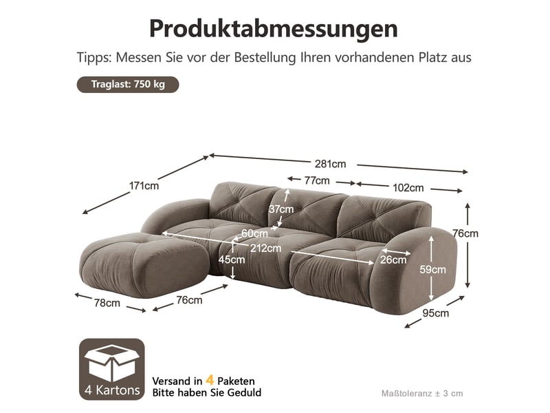 Canapé modulaire 3 places en chenille taupe avec pouf, configuration en l - Conforama E